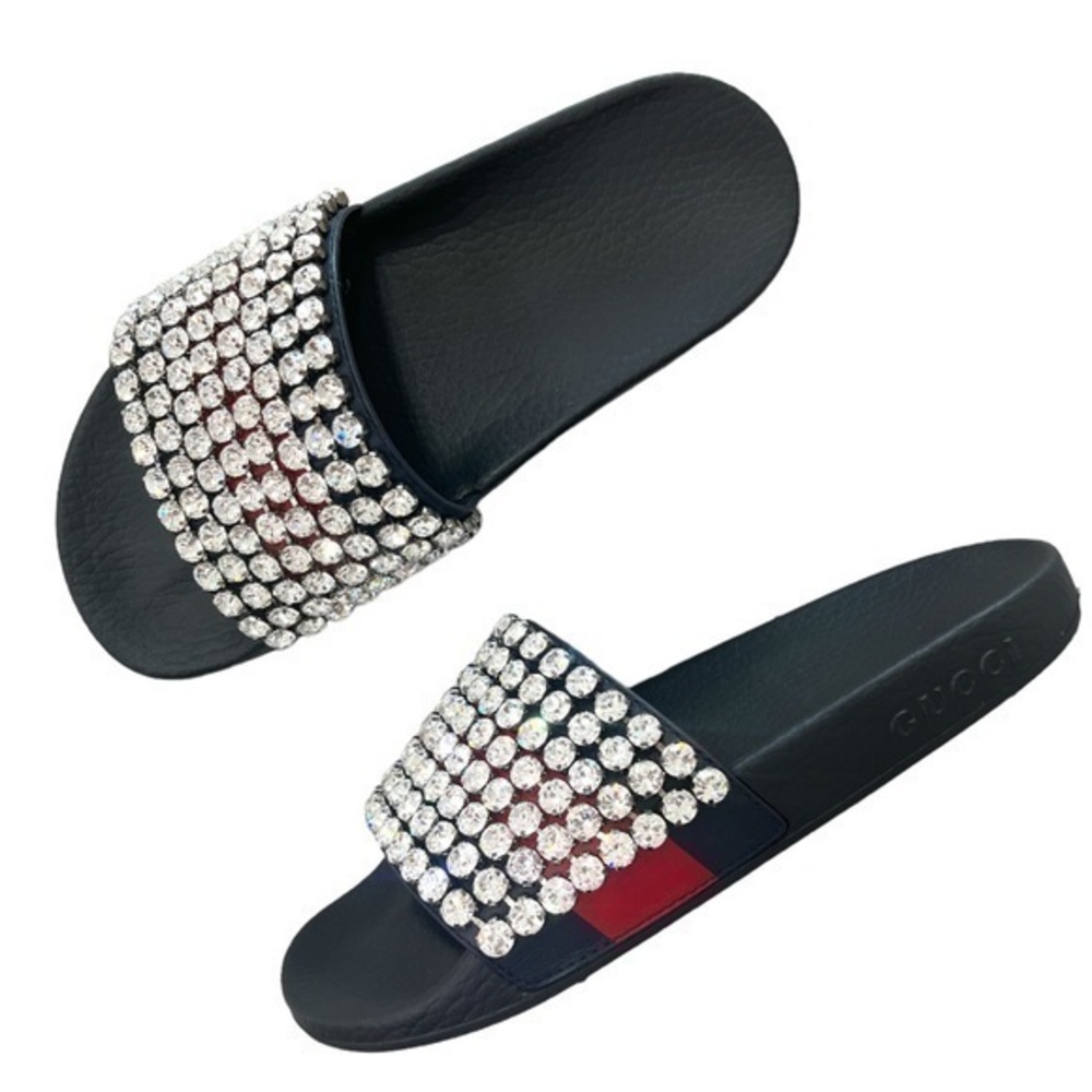 GUCCI Apollo Red and Blue Striped Crystal Embellished Leather Slides Size 37